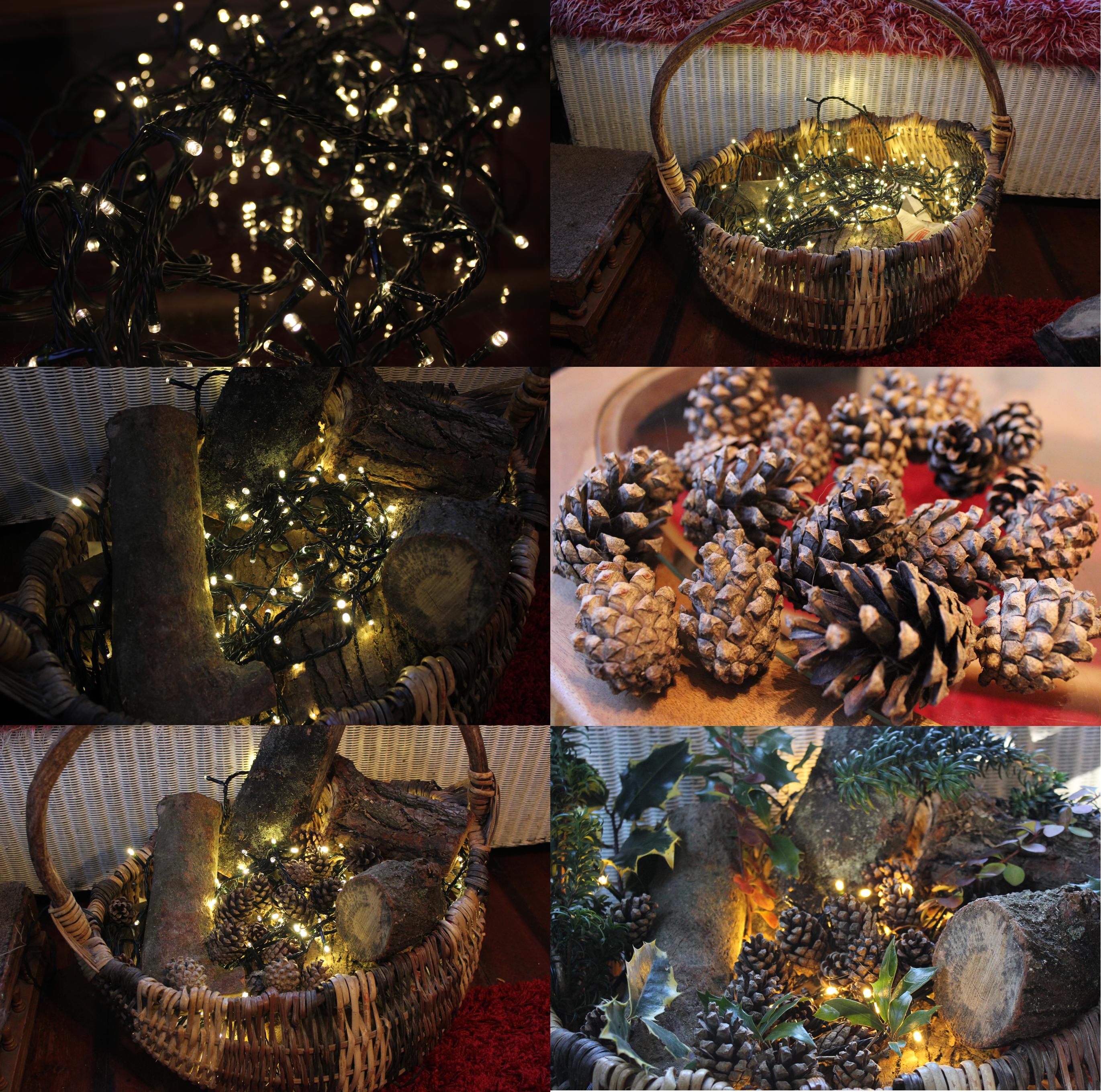 diy craft tutorial christmas decorations log basket xmas porch with fairy lights Cassiefairy