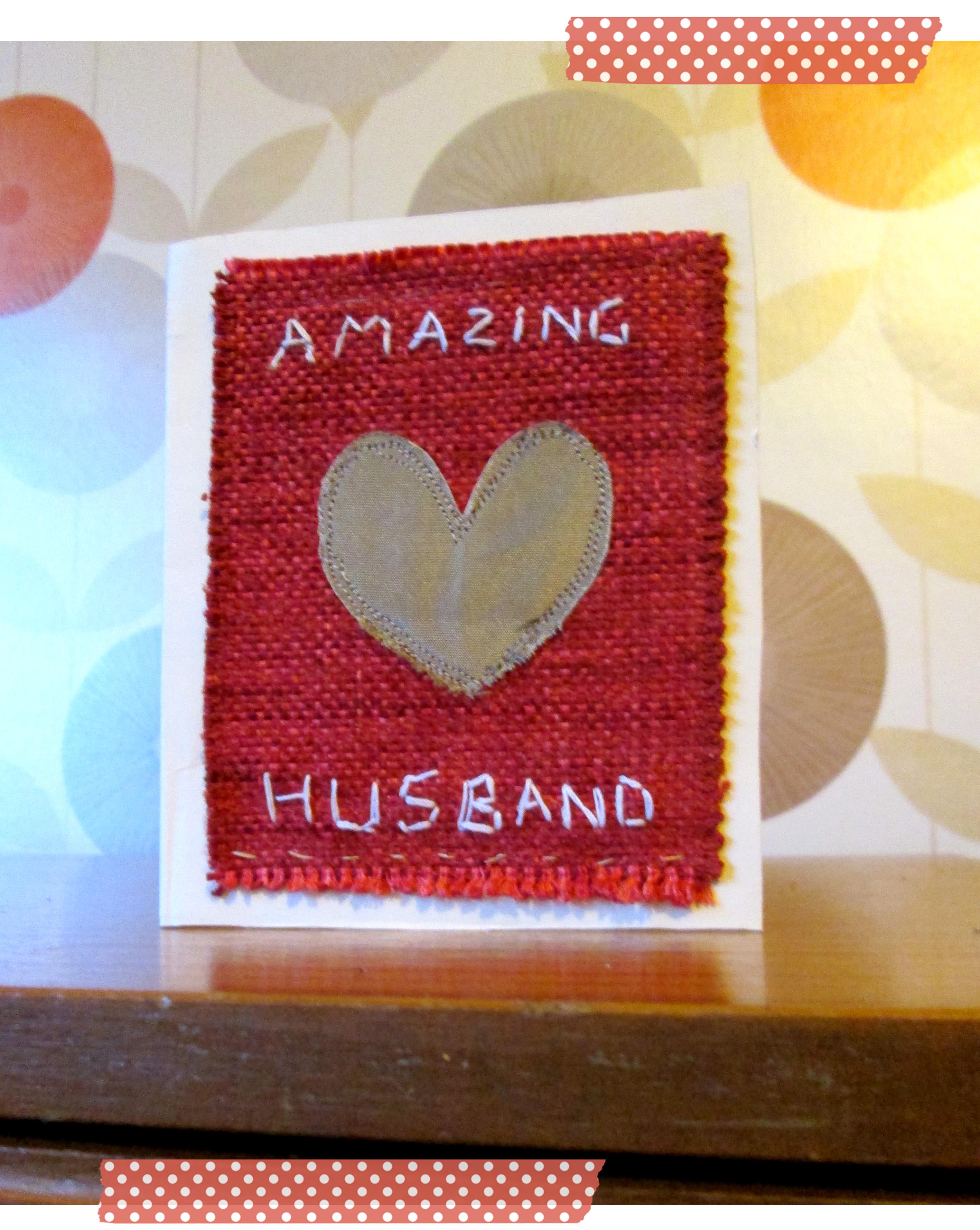 valentines day craft sewing card with stitched lettering and heart motif