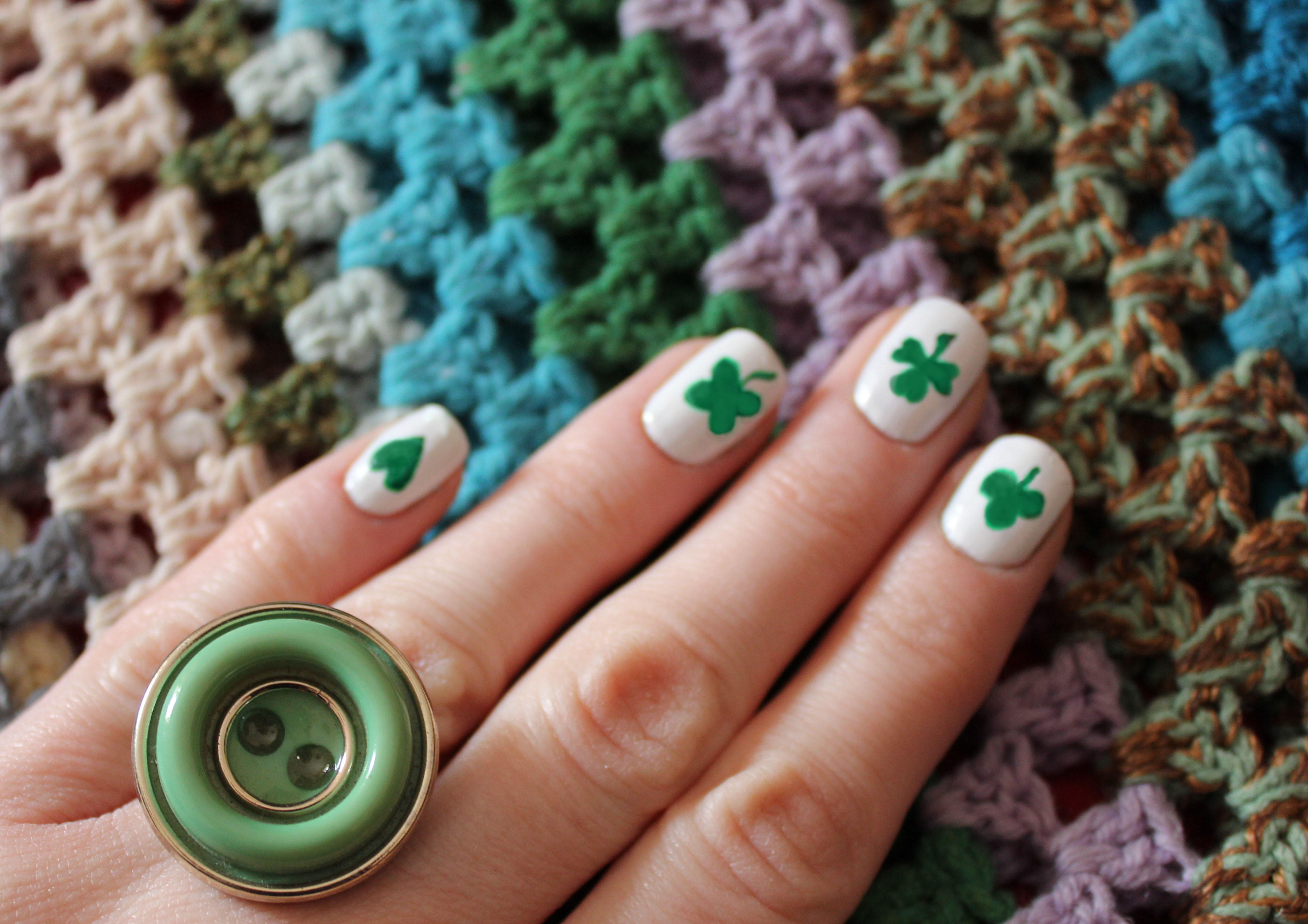 st patricks day nail art shamrock tutorial polish ideas handmade DIY button ring craft project