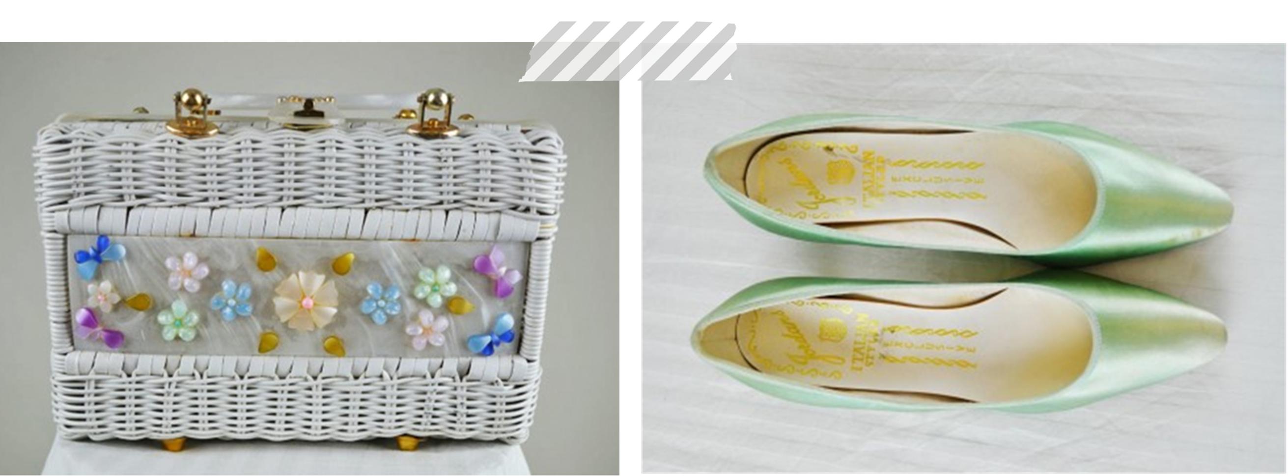 Summer 2013 vintage accessories floral handbag and mint satin shoes from Mela Mela