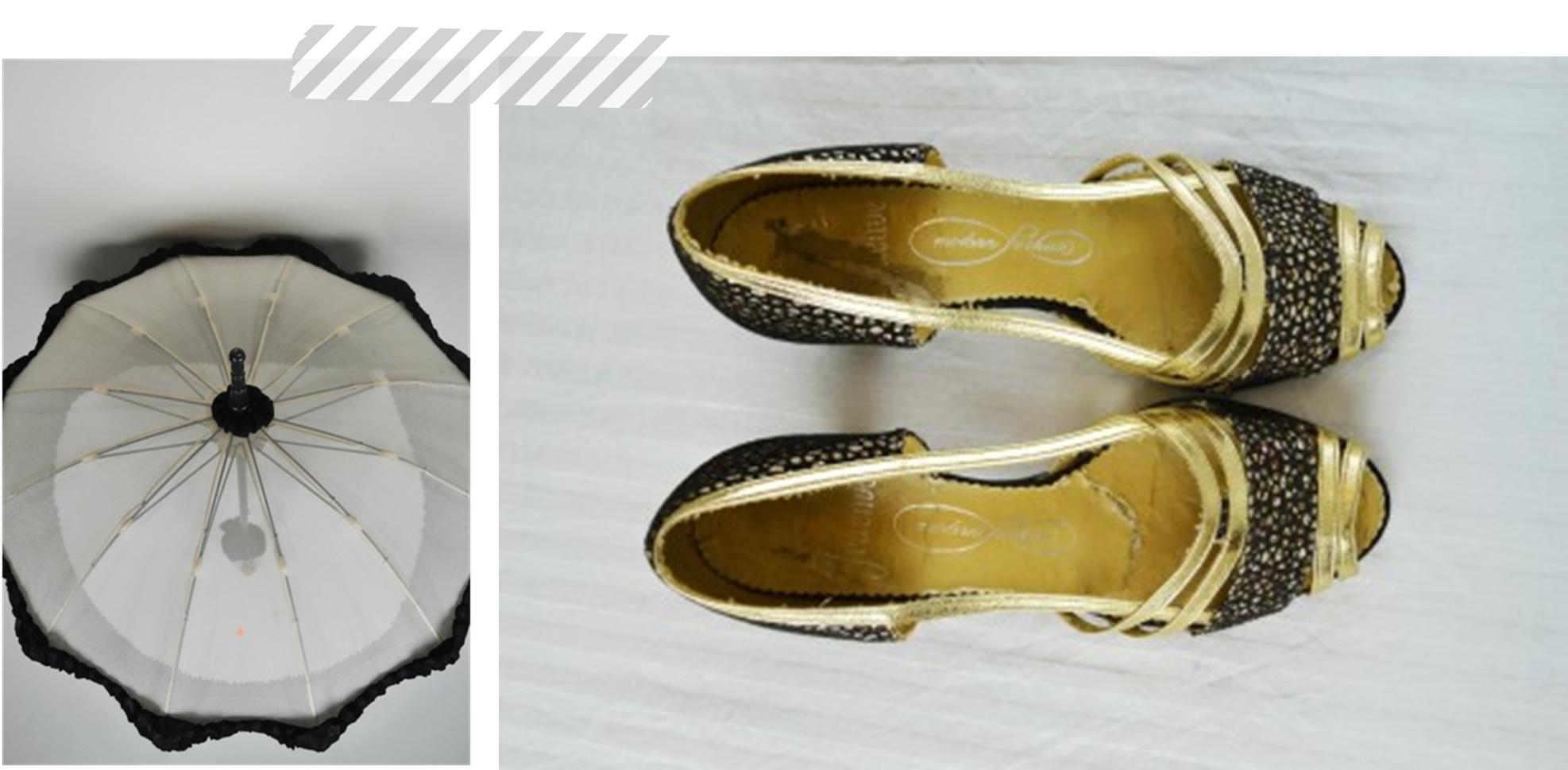Summer 2013 vintage accessories parasol and gold black shoes from Mela Mela