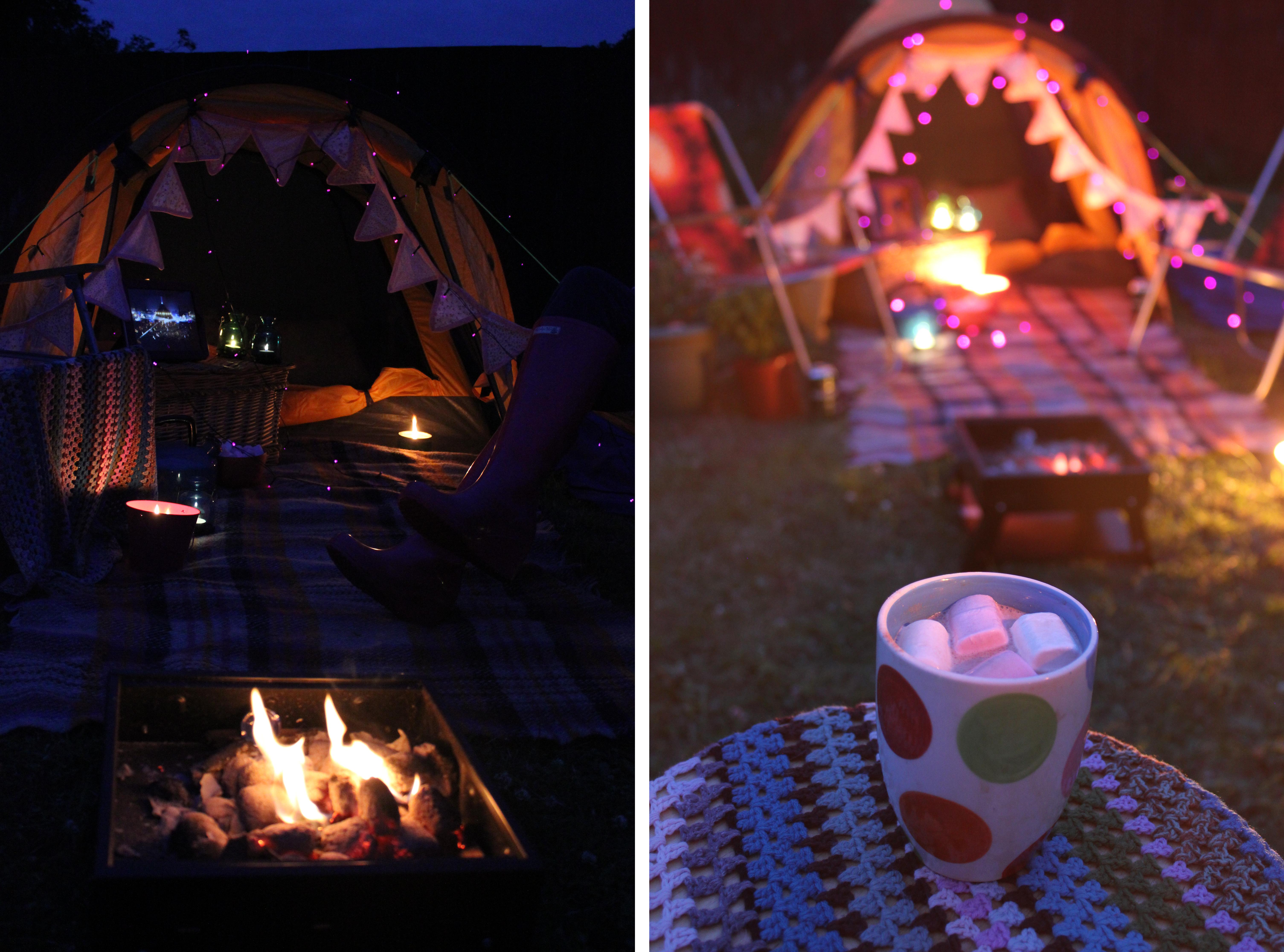 big night in v festival at home glastonbury latitude camping tent fire hot chocolate marshmallow