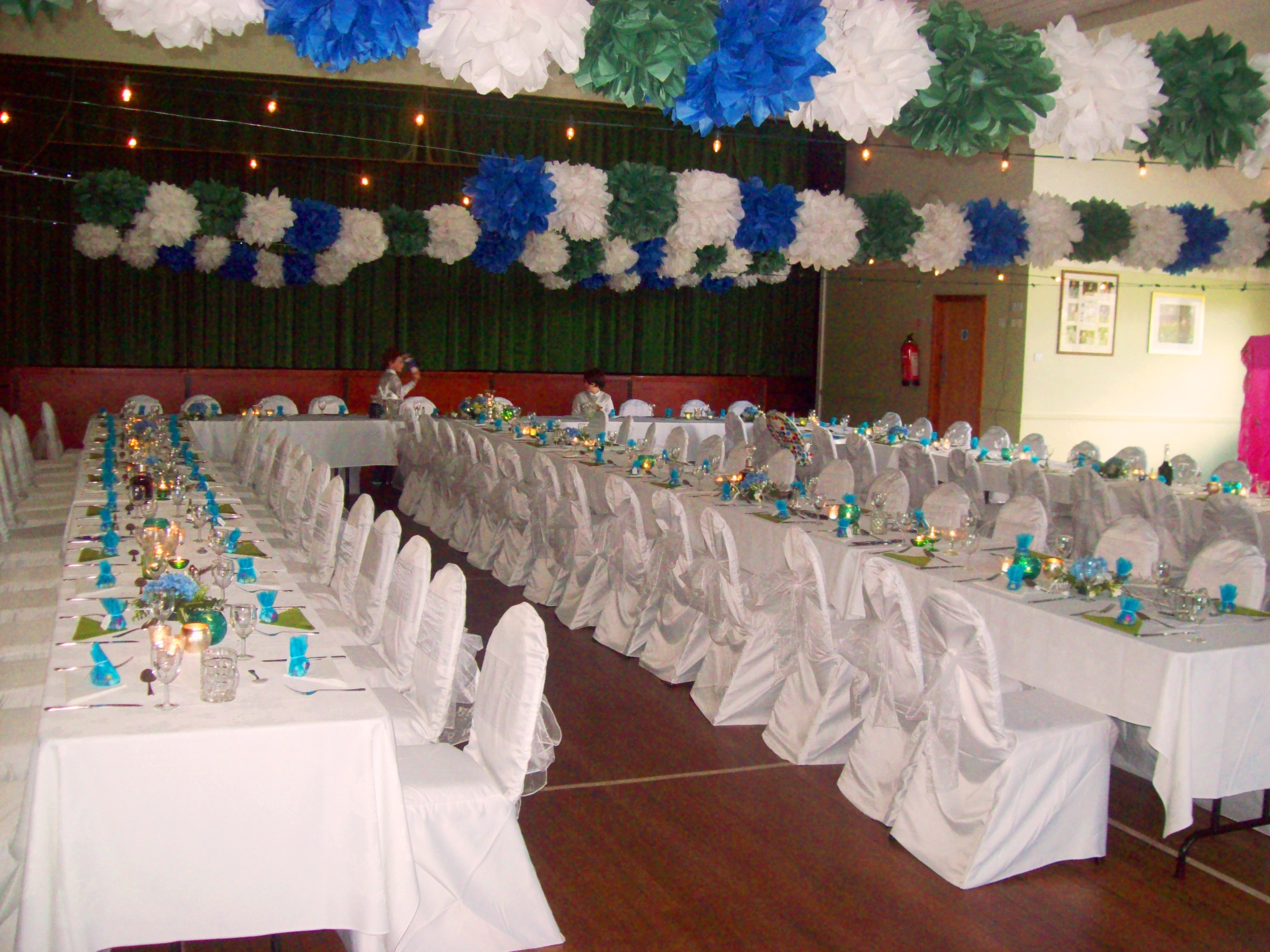 cassiefairy's blog wedding decor blue and green theme with tissue paper pompoms