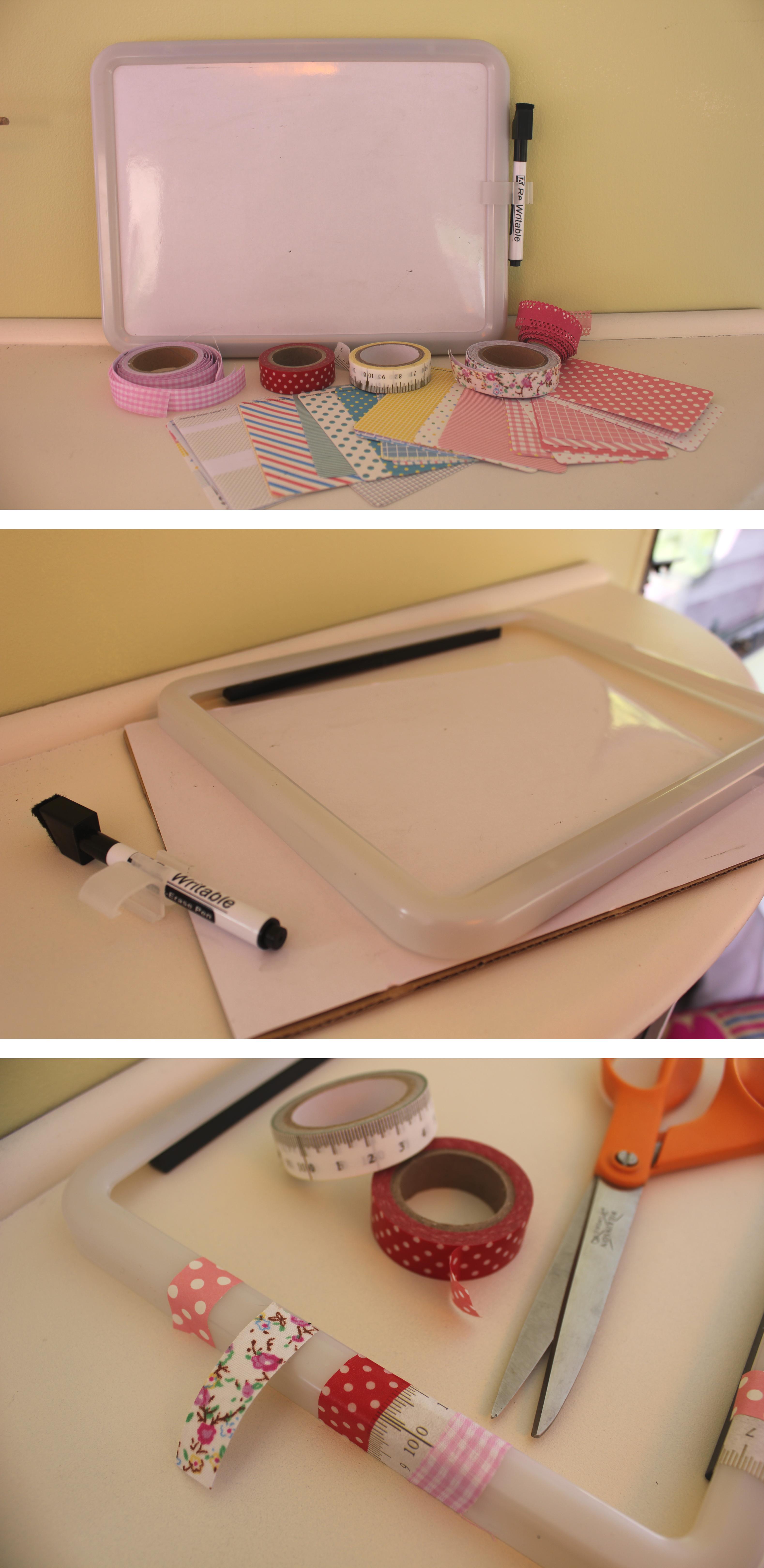 craft DIY upcycle washi tape whiteboard photo frame by cassiefairy