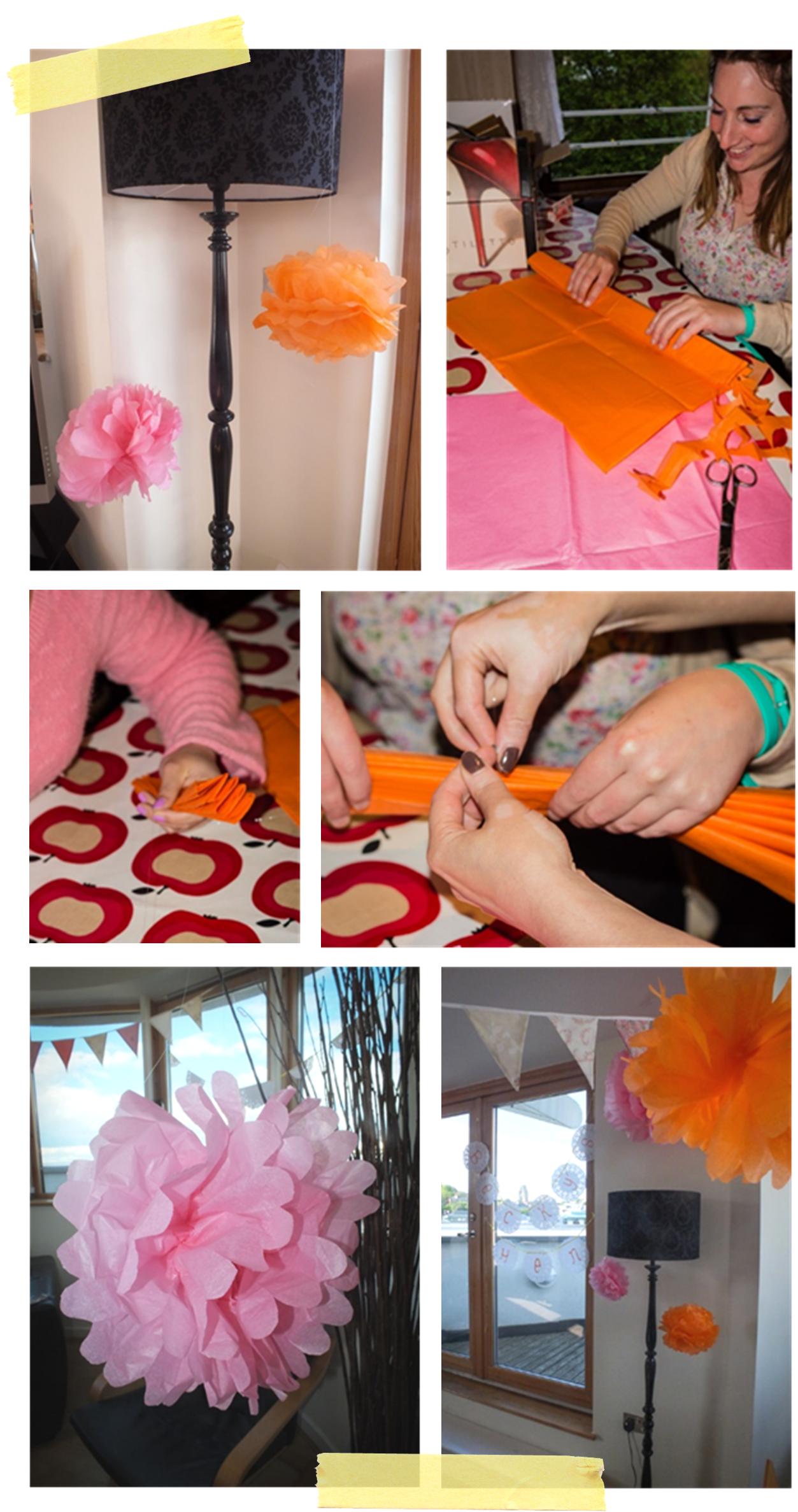 making tissue paper pompom decorations for a vintage hen party by laceyinplaces