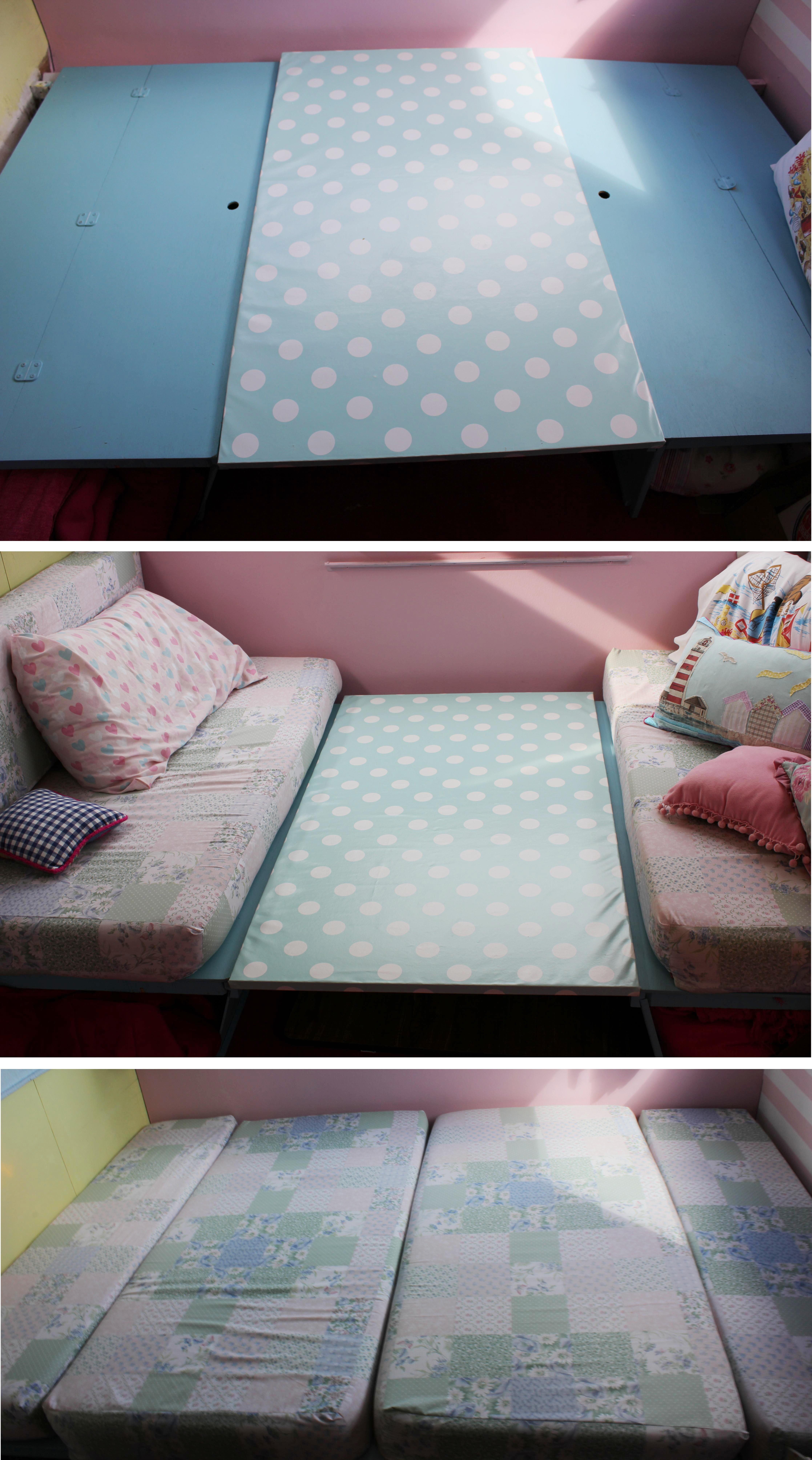 cassiefairys little vintage caravan project - covering a table with oilcloth to make into a double bed