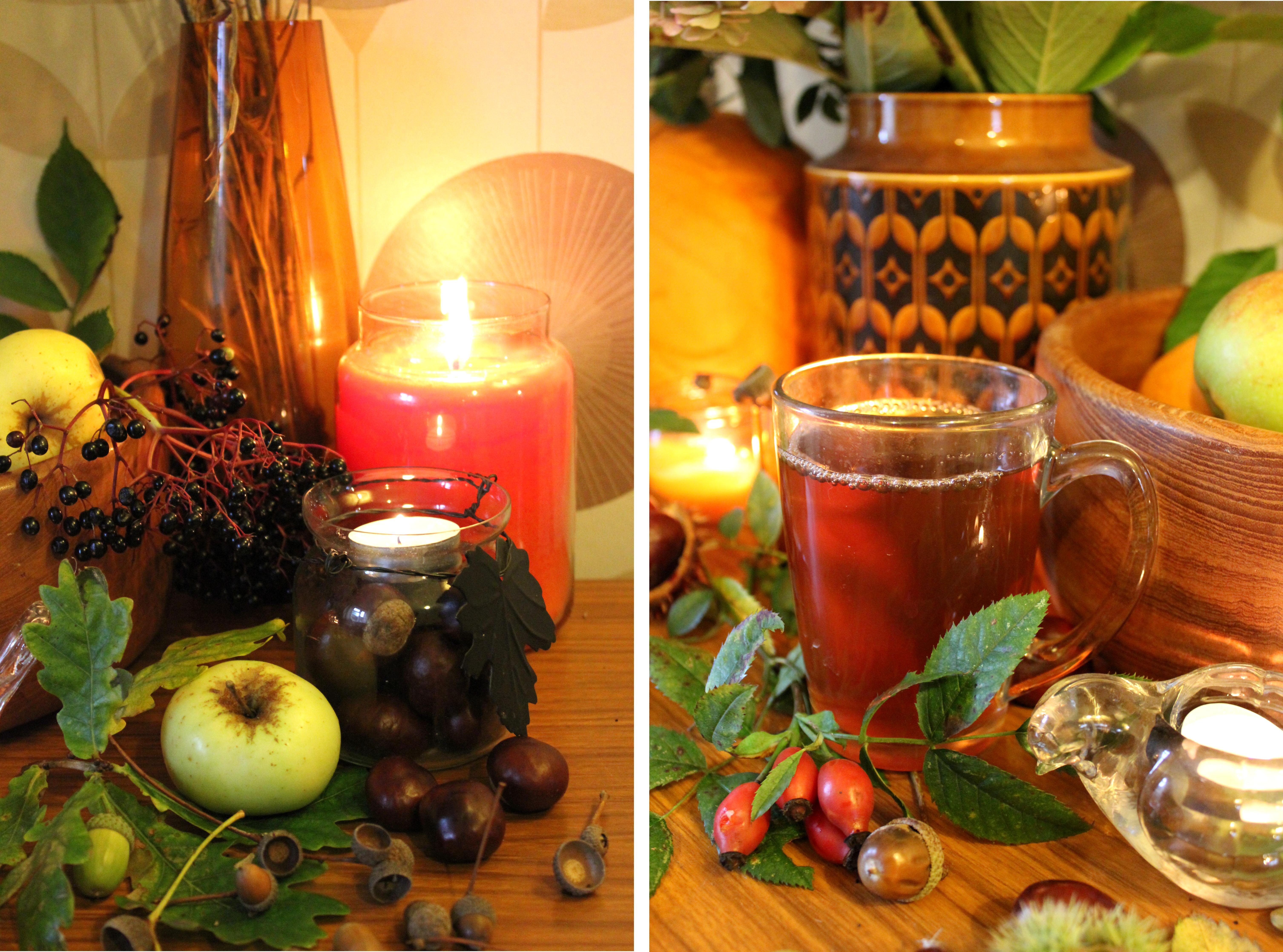 my retro living room autumn decor harvest floral arrangment and spiced apple juice