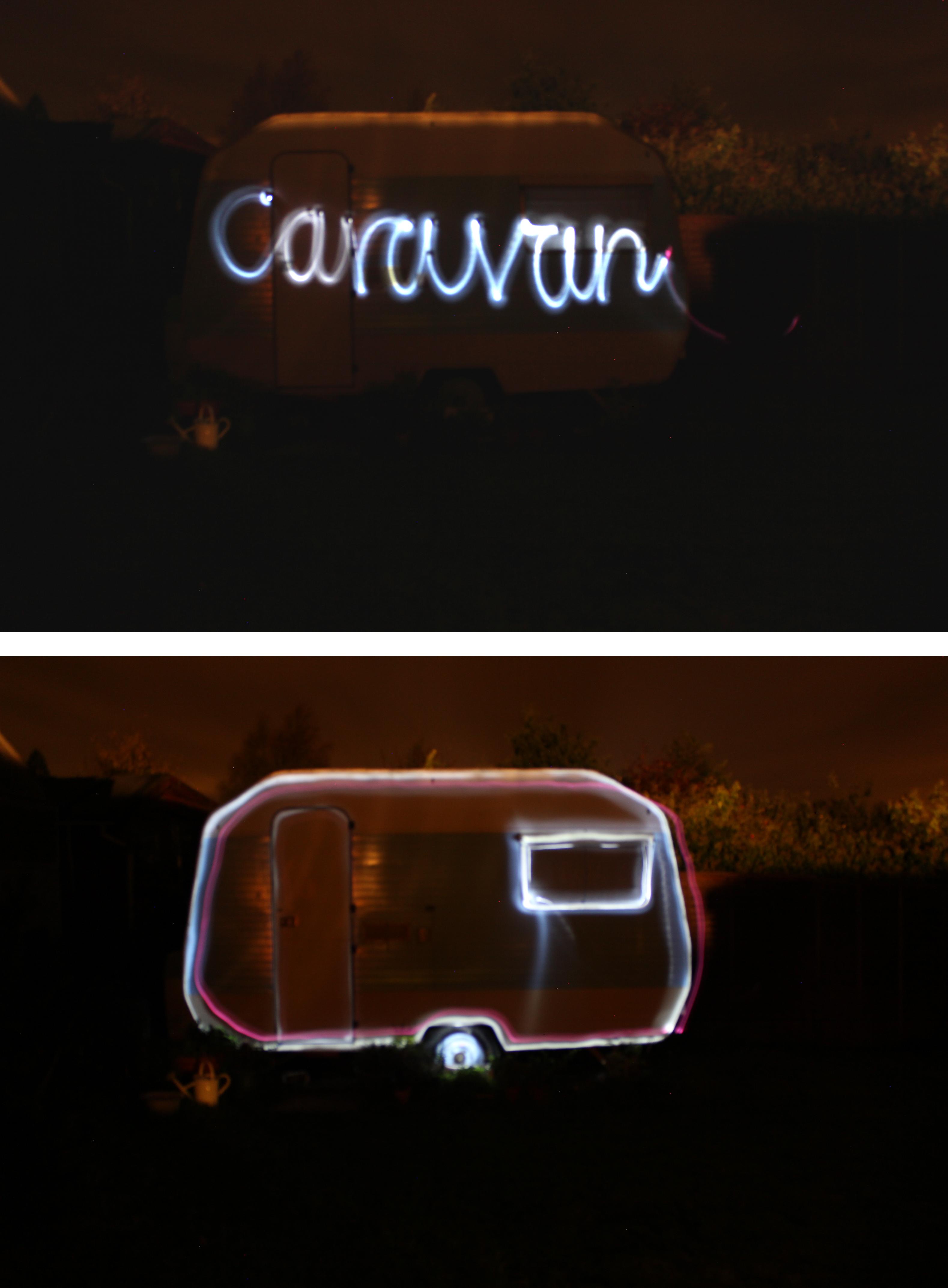 cassiefairy blog outline of caravan using torch light and slow shutter speed photography