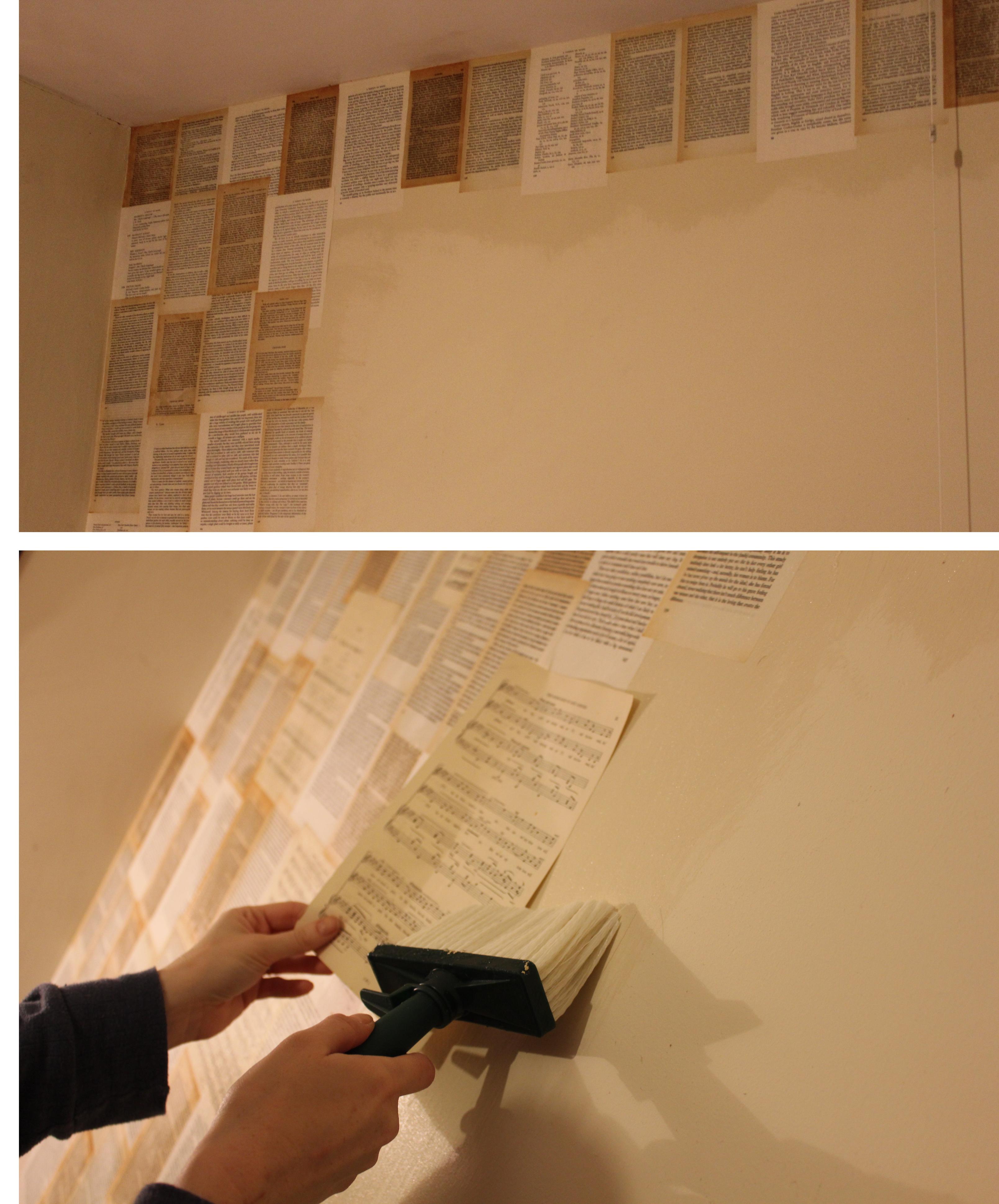 diy book pages and sheet music wallpaper to decorate bedroom