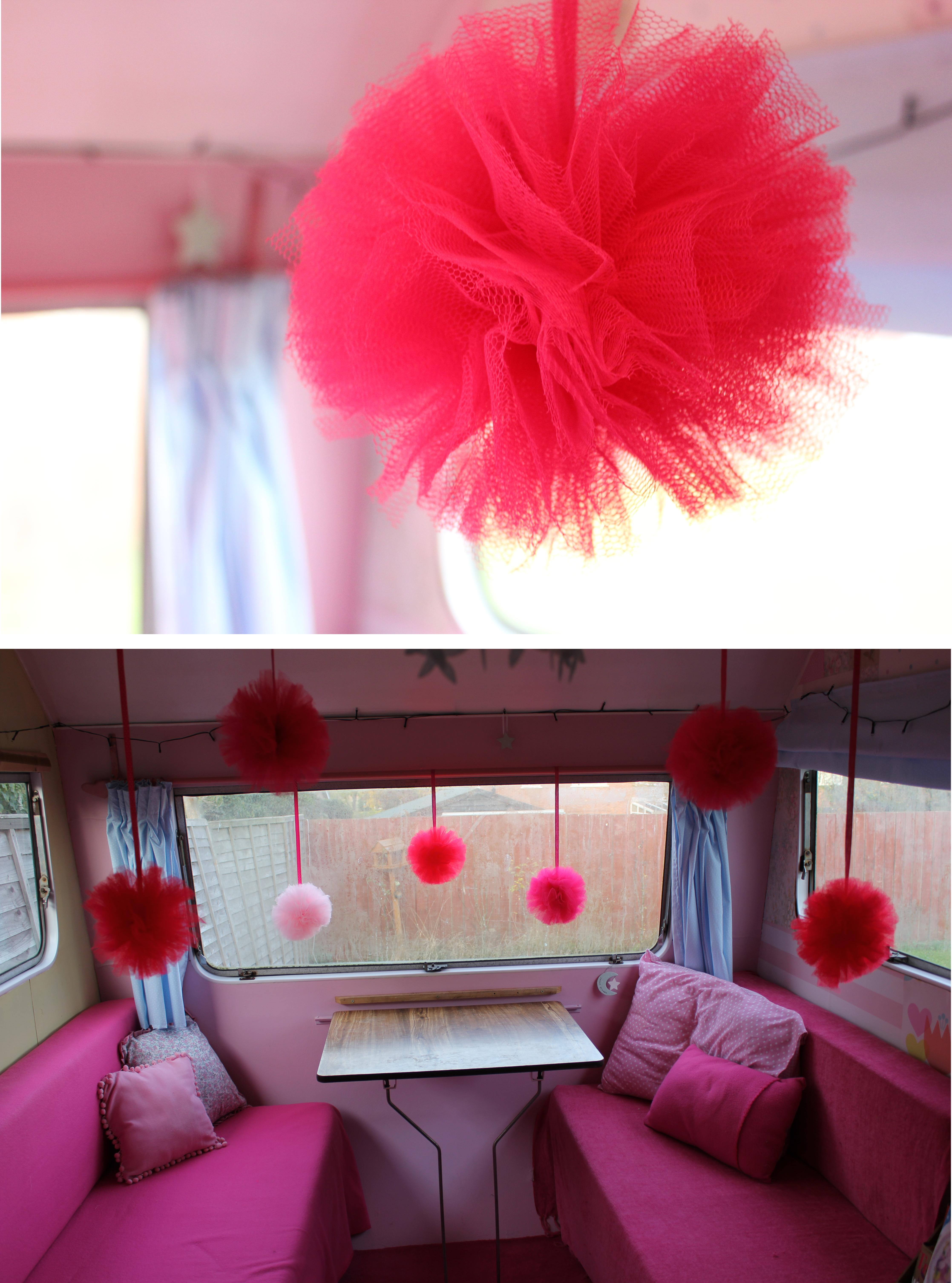 DIY pink tulle pompom decorations for party or christmas