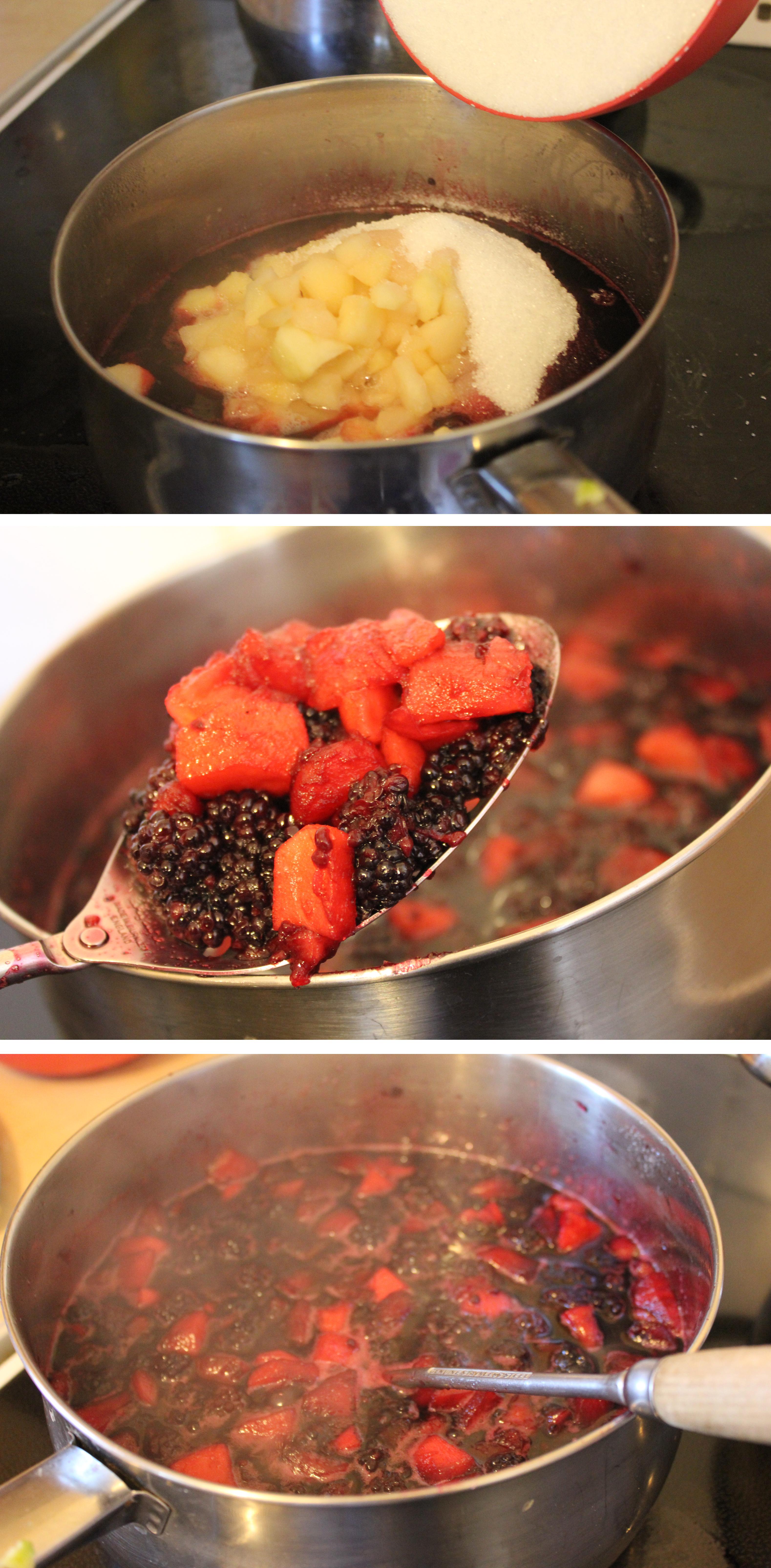 making preserves - blackberry and apple jam recipe process