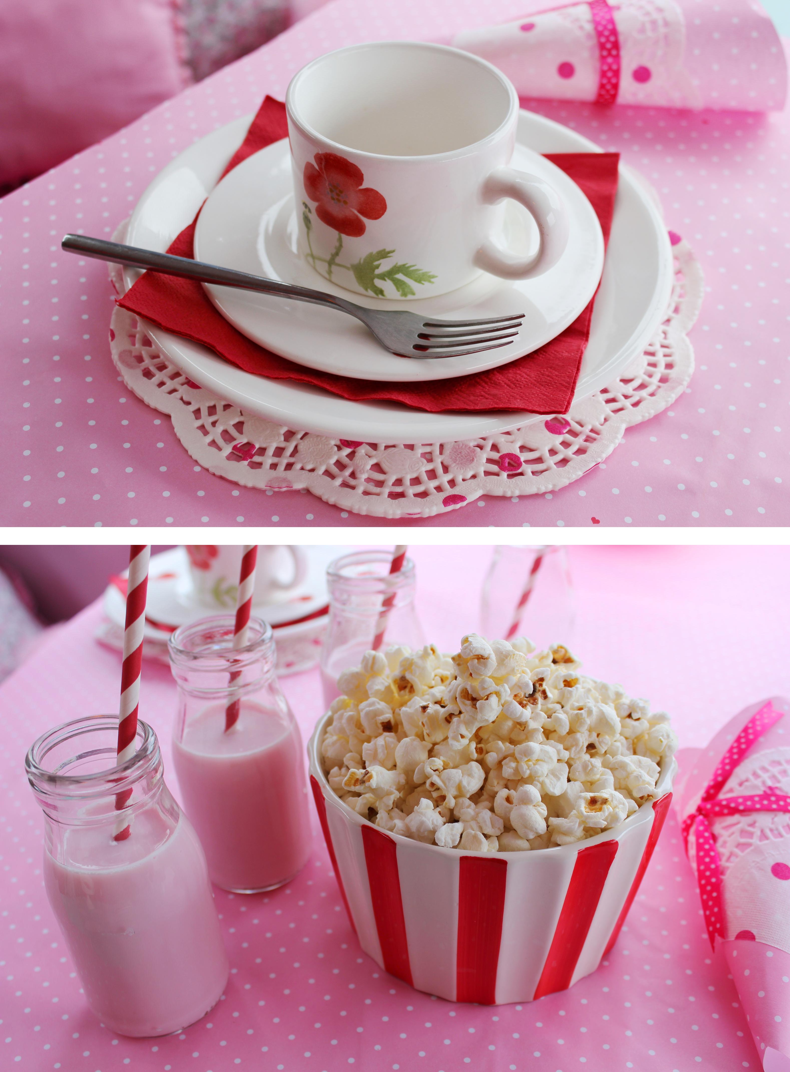 pink and red party theme afternoon tea milkshake and popcorn