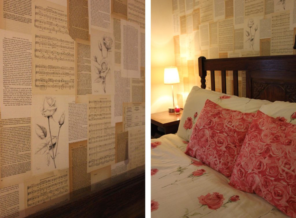 DIY bedroom makeover with old book pages