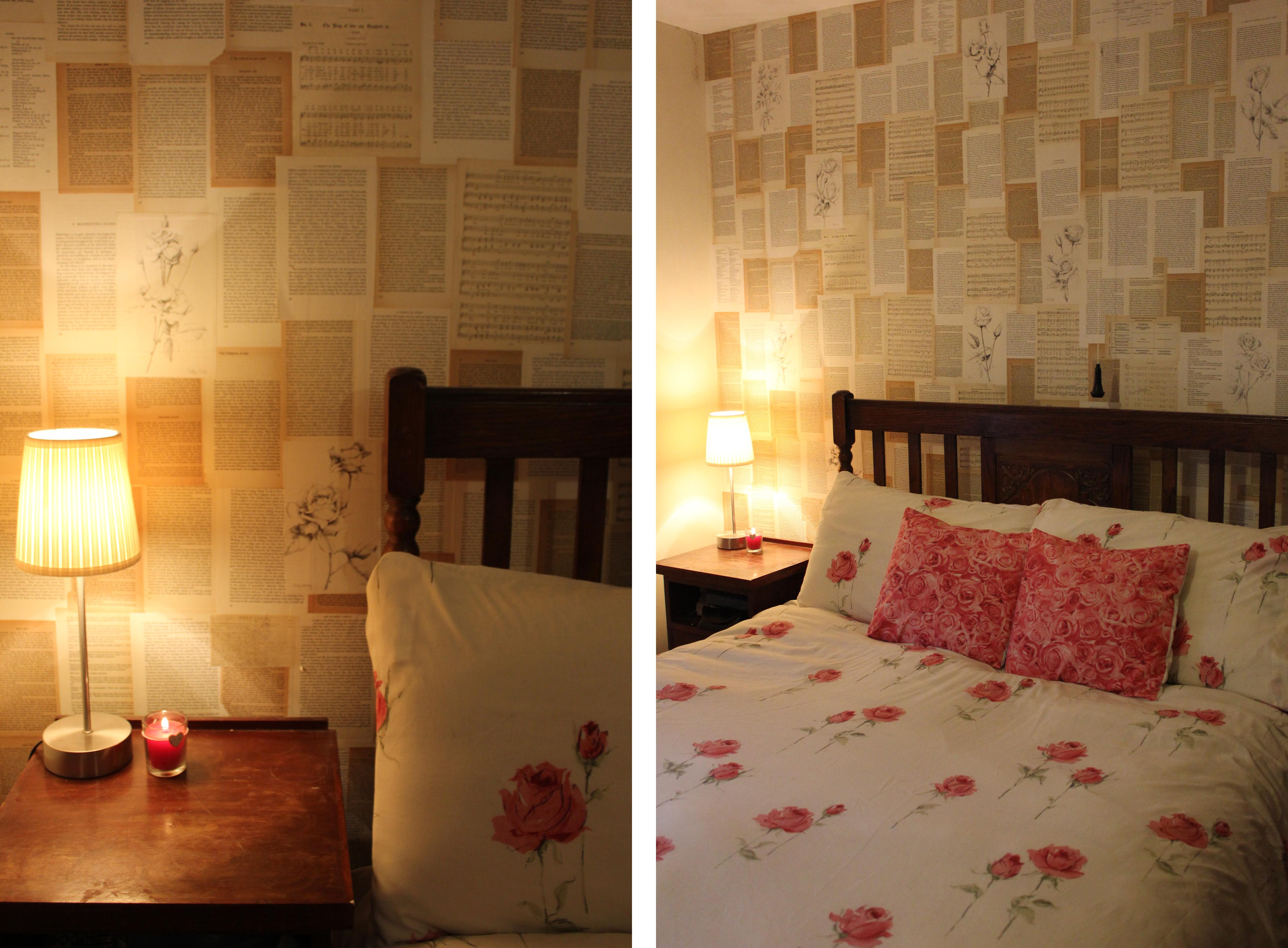 DIY bedroom makeover with old book pages and roses