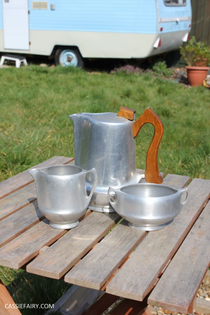 DIY polishing midcentury modern silvertea set picquot ware teapot
