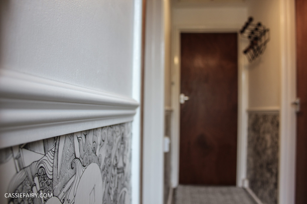 monochrome home interior design black and white decor hallway makeover dado rail rug-25