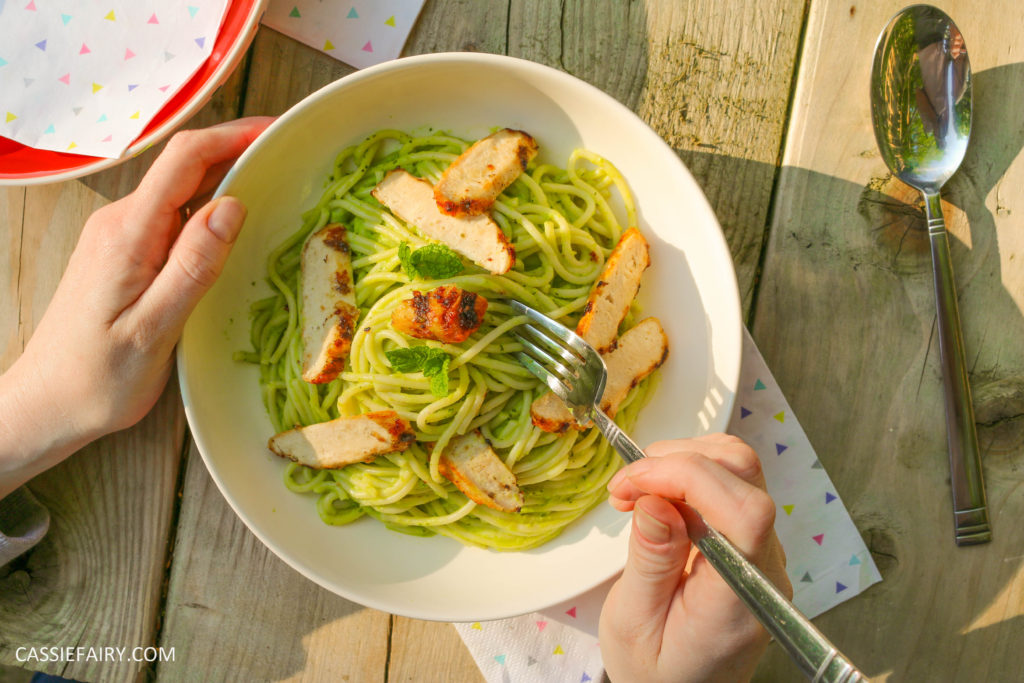 minted pea pasta recipe with grilled chicken breast al fresco meal dinner-24
