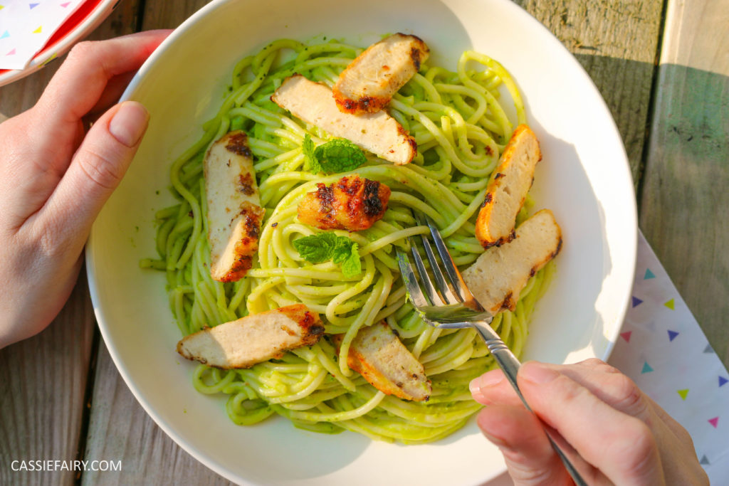 minted pea pasta recipe with grilled chicken breast al fresco meal dinner-25