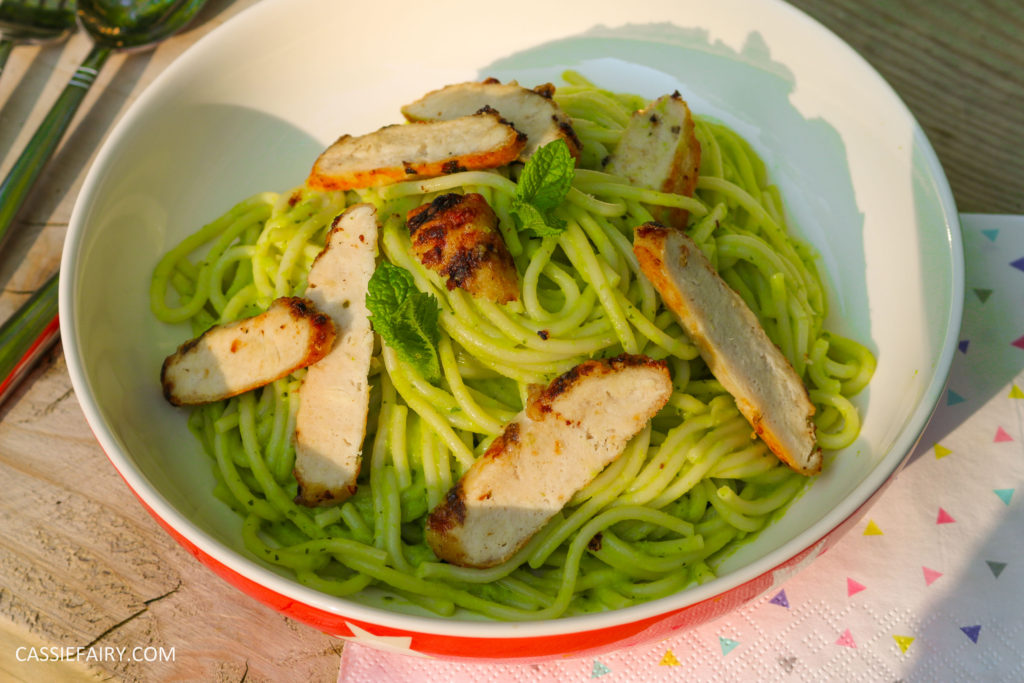 minted pea pasta recipe with grilled chicken breast al fresco meal dinner-3
