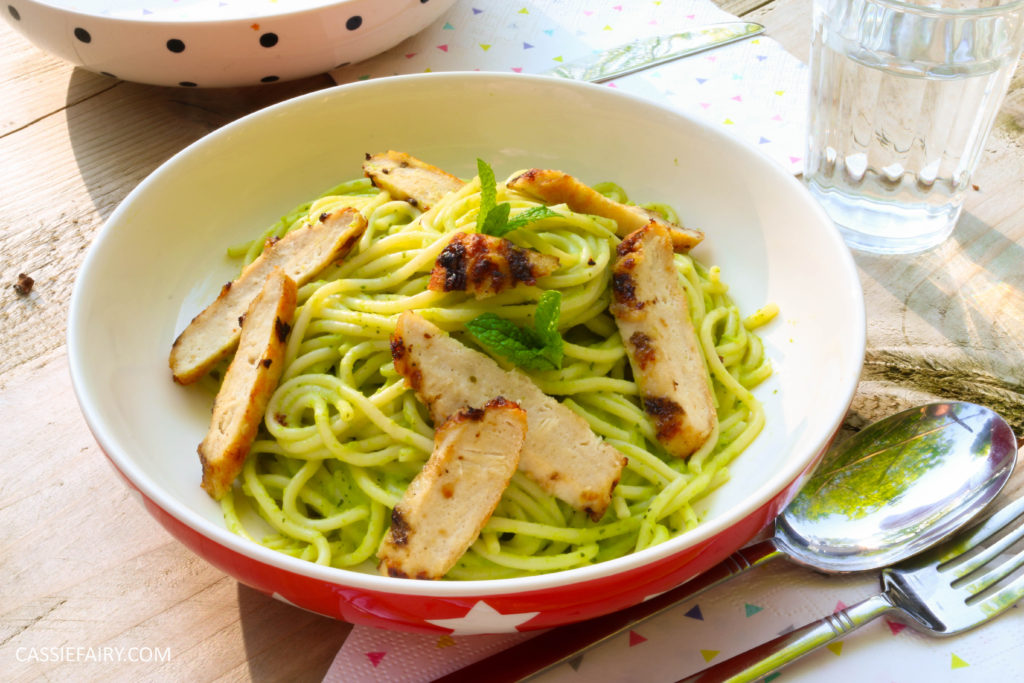minted pea pasta recipe with grilled chicken breast al fresco meal dinner-30