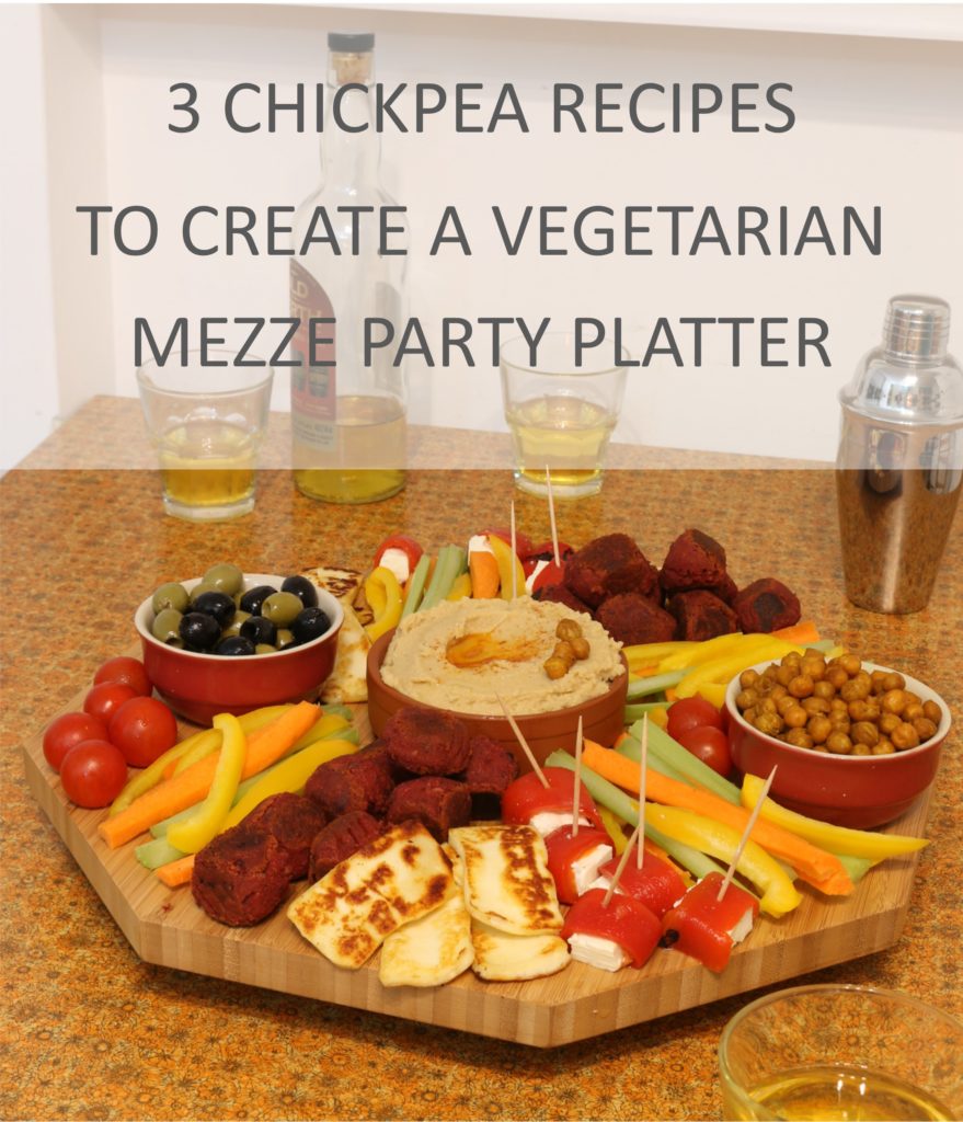 pinnable image with the text "3 Chickpea recipes to create a vegetarian mezze party platter".