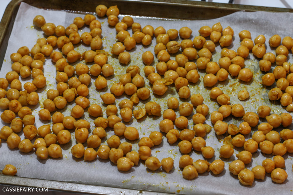 roasted chickpeas on a baking tray.