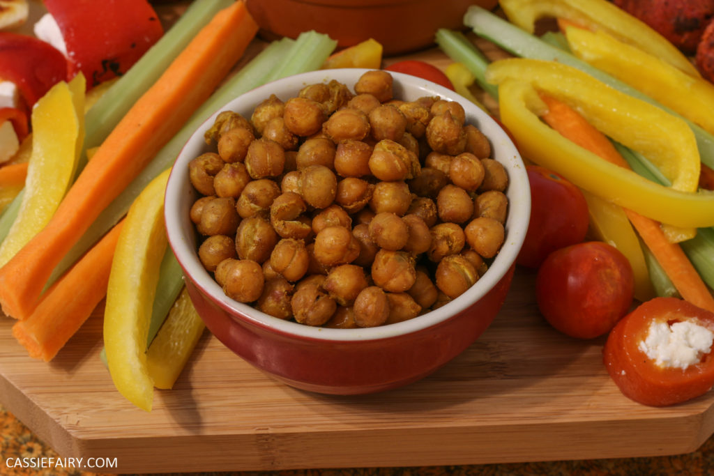 A platter of vegetables and roasted chickpeas.