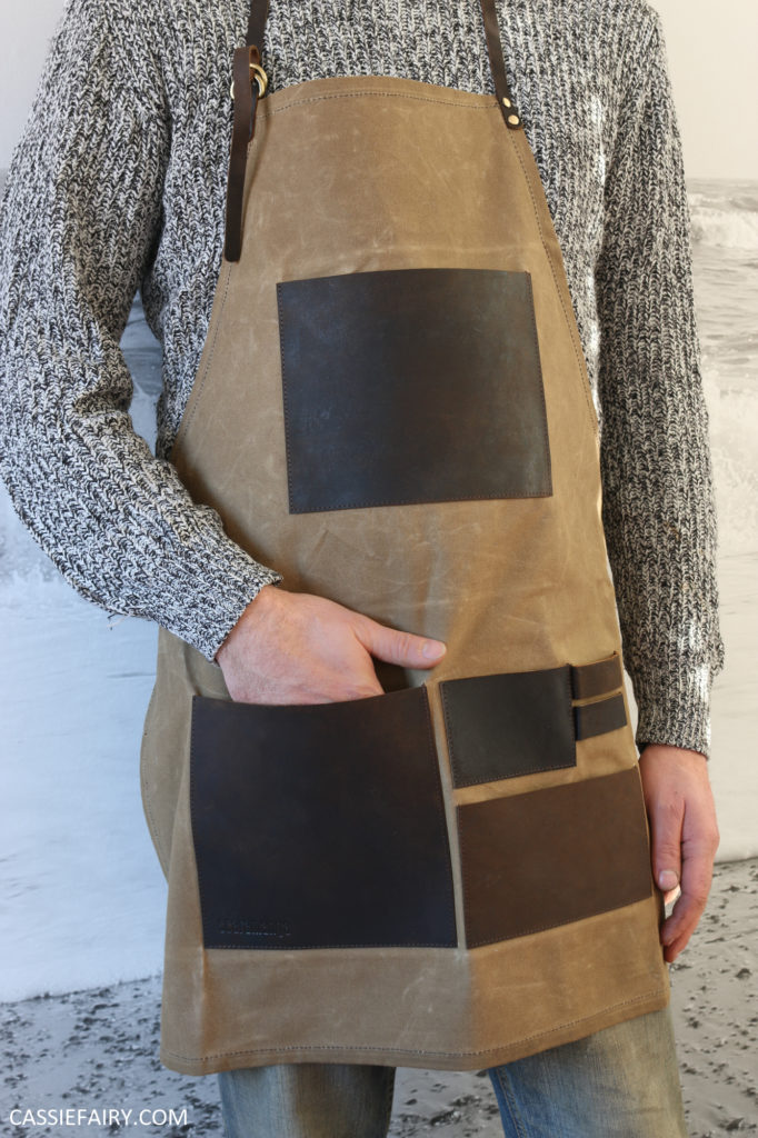 Photo of a canvas apron with leather pockets