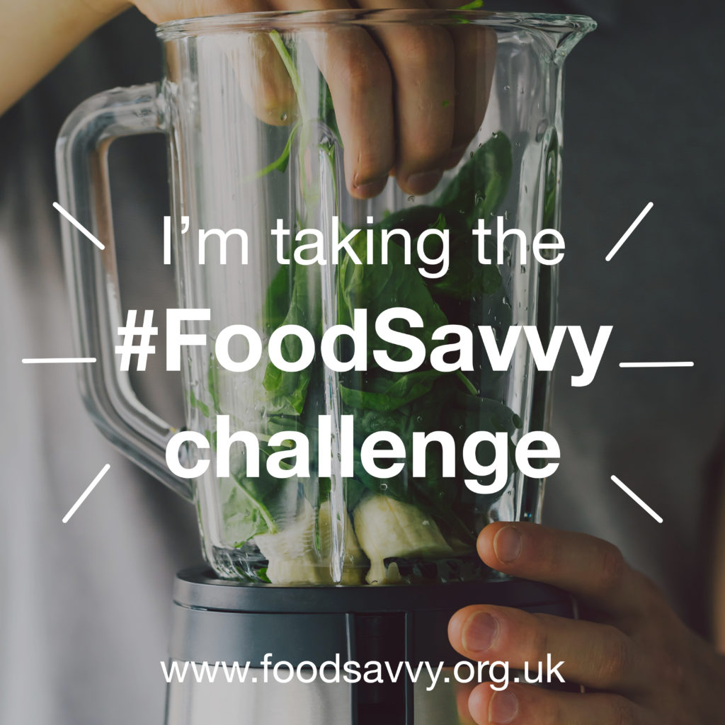 photo of a blender with "I'm taking the #foodsavvy challenge" text
