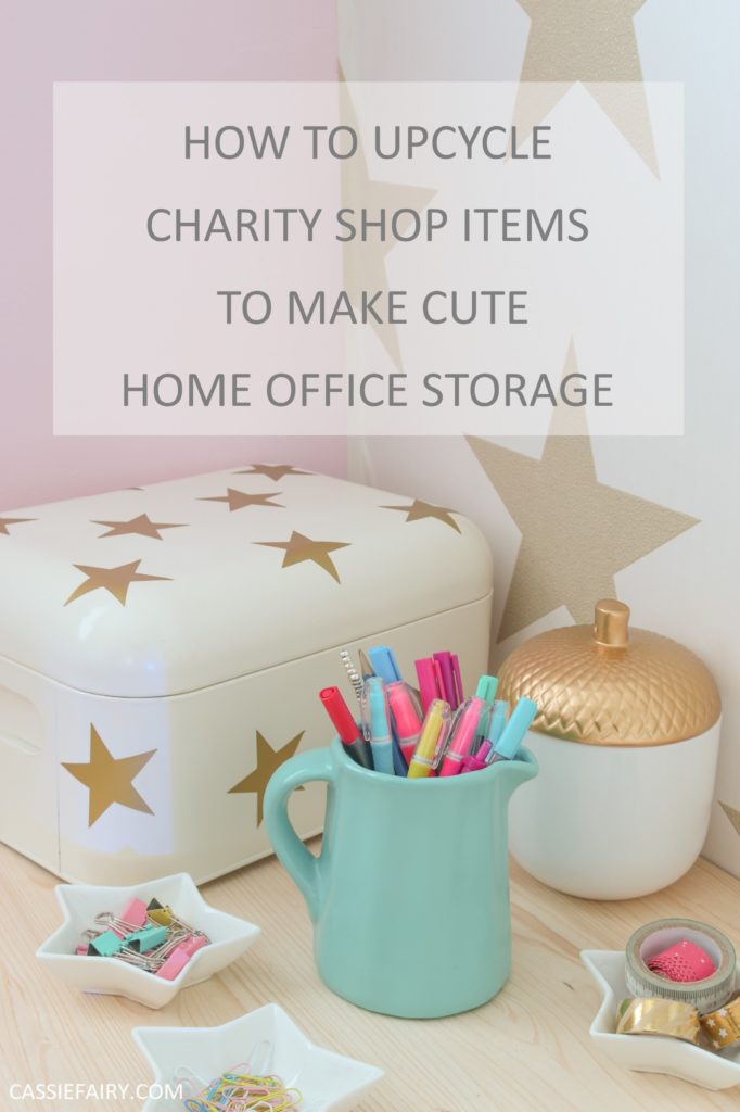 How to upcycle charity shop items to make cute home office storage 
