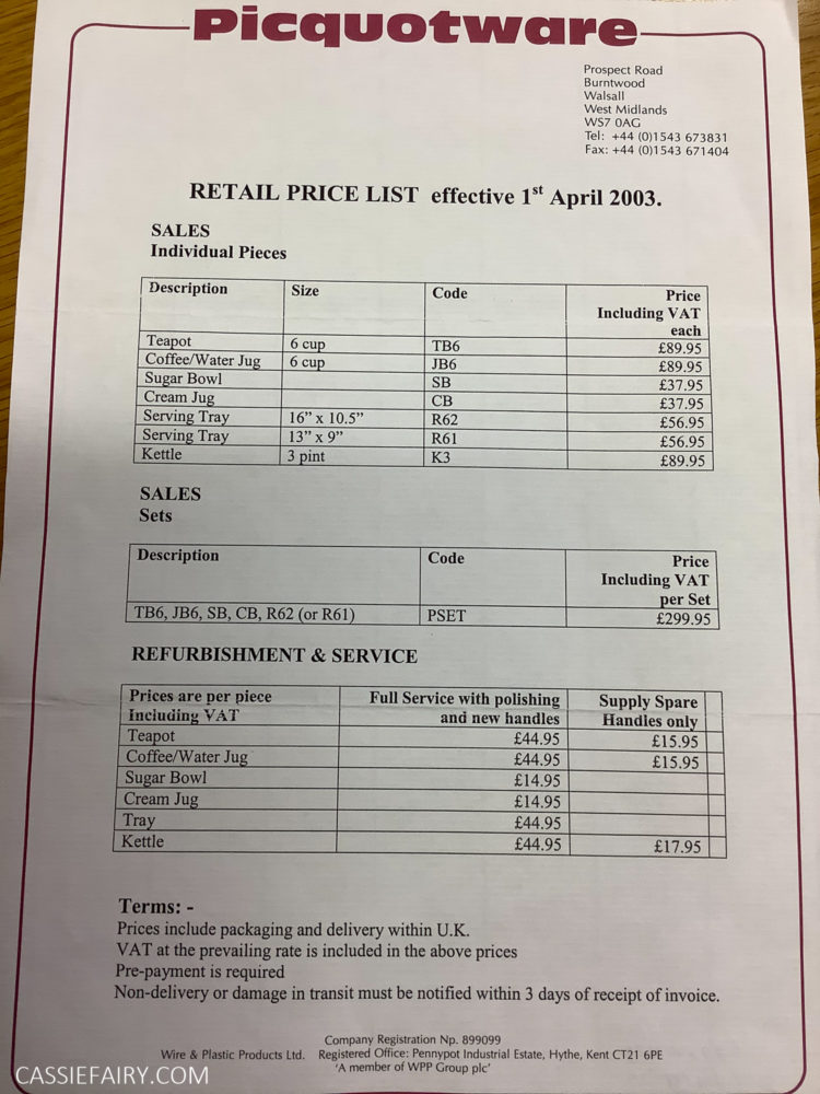 How to clean & refurbish a Picquot Ware teapot + original price list