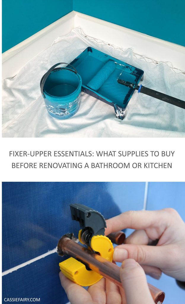 Pinnable image of bathroom plumbing with the words "Fixer-upper essentials: what supplies to buy before renovating a bathroom or kitchen"