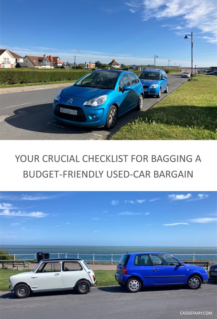 Pinnable image of blue cars with the text "Your crucial checklist for bagging a budget-friendly used-car bargain"