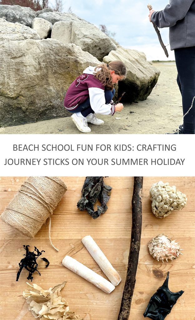 Pinnable image with the text "Beach school fun for kids: crafting journey sticks on your summer holiday"