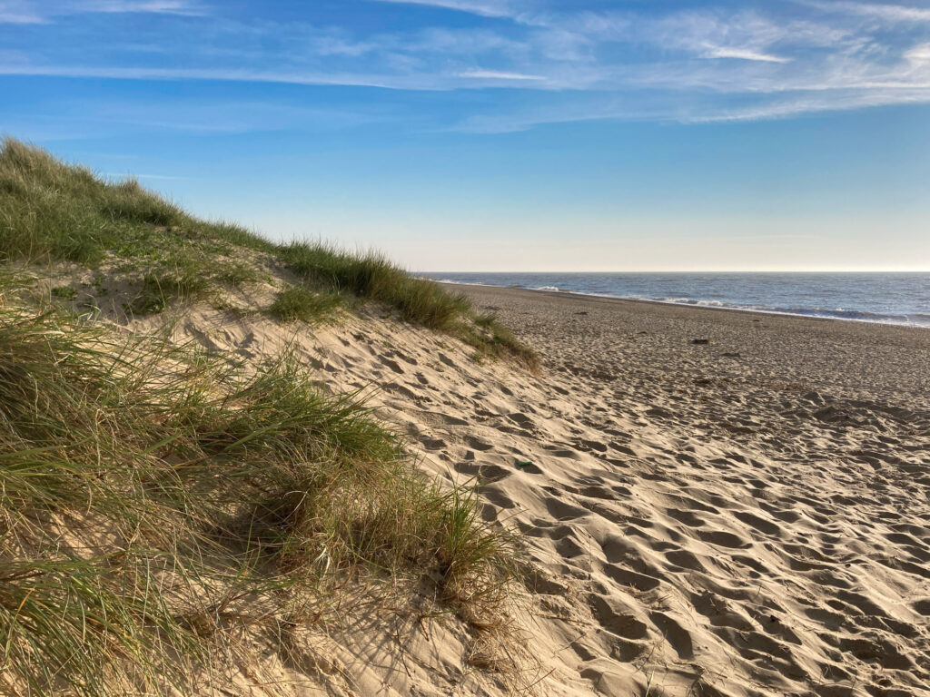 Grassy sand dunes with the sea in the distance, under a blue sky with wispy white clouds.