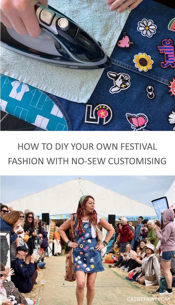 Pinnable image with the text "From distressed denim to upcycled outfit - how to DIY your own festival fashion with no-sew customising"