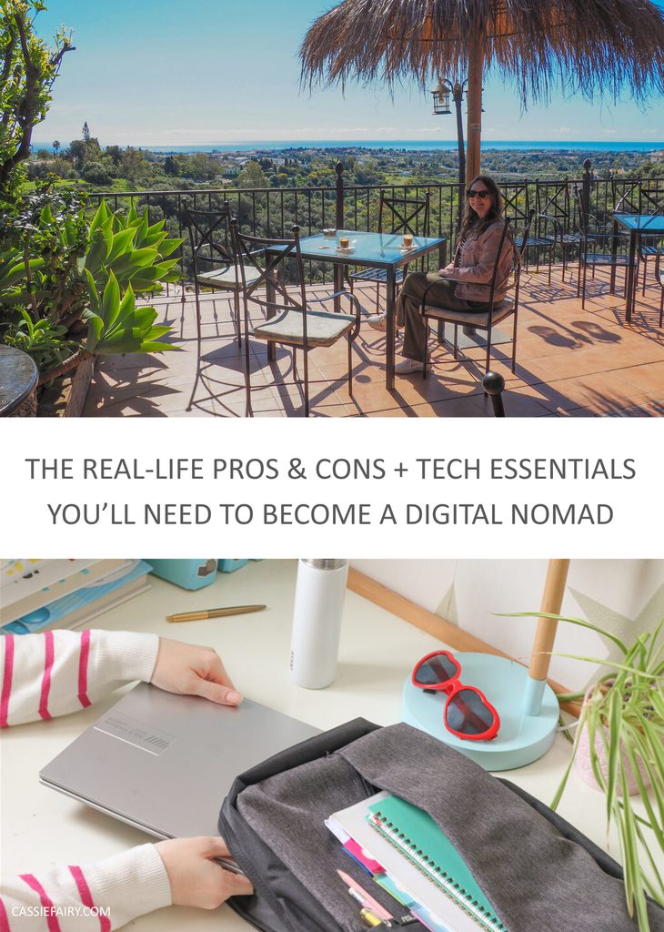 Pinnable image with the title "The real‑life pros & cons of becoming a Digital Nomad + the tech essentials you’ll need".