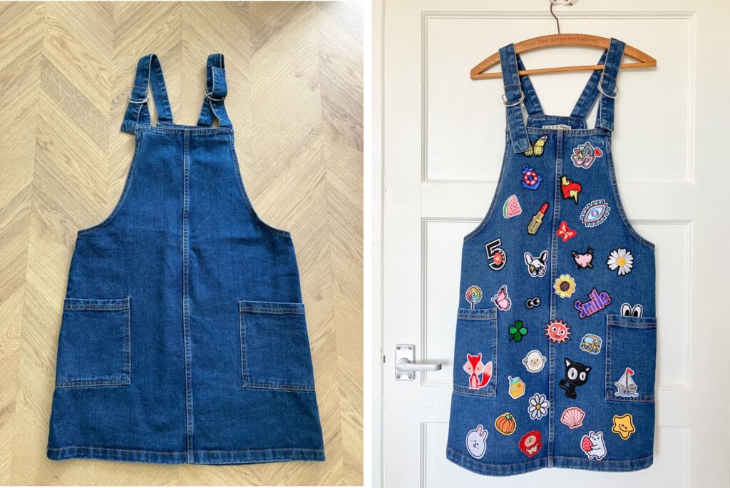 A before and after image of a plain denim dungaree dress and the newly customised dress covered in colourful embroidered patches.