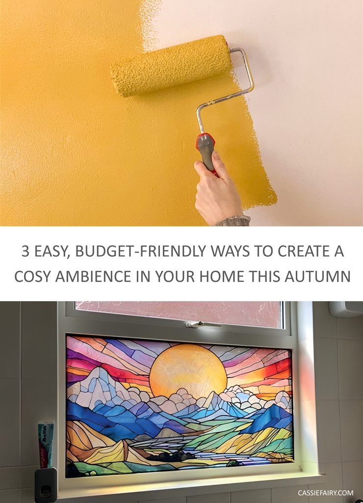 Pinnable image with the text "3 Easy, budget-friendly ways to create a cosy ambience in your home this autumn".