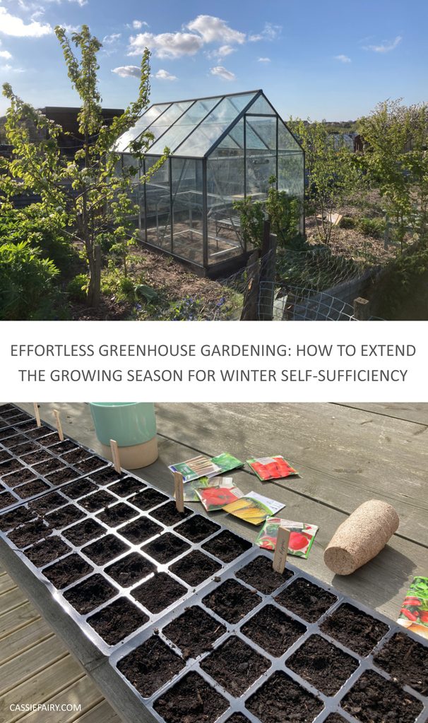 Pinnable image with the text "Effortless greenhouse gardening: How to extend the growing season for winter self-sufficiency"