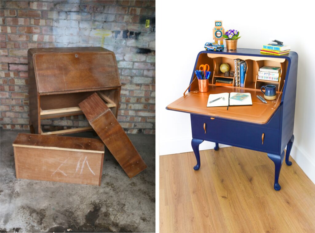 The 'before' image of the scratched ad stained wood bureau and the 'after' image of the desk painted blue and copper.