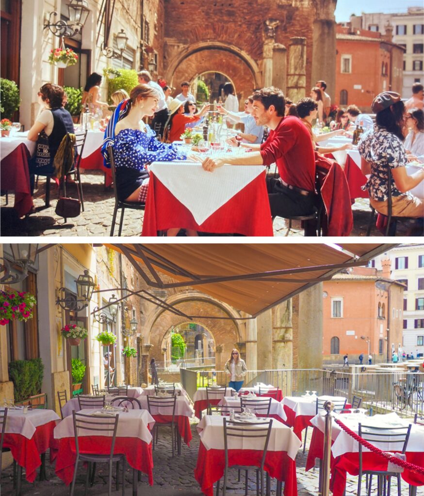 A street restaurant in Rome with Red tablecloths, where Emily in Paris was filmed.