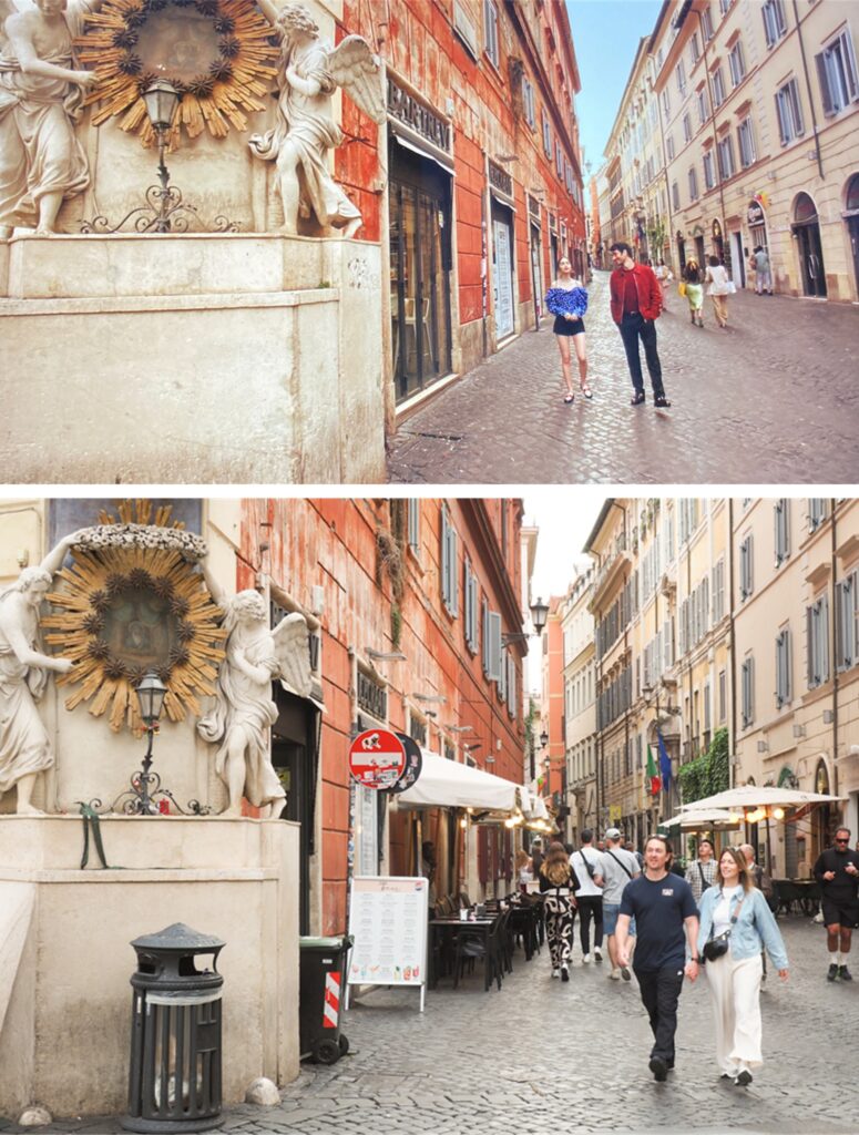 The corner street that leads to the Trevi Fountain where Emily in Paris was filmed.