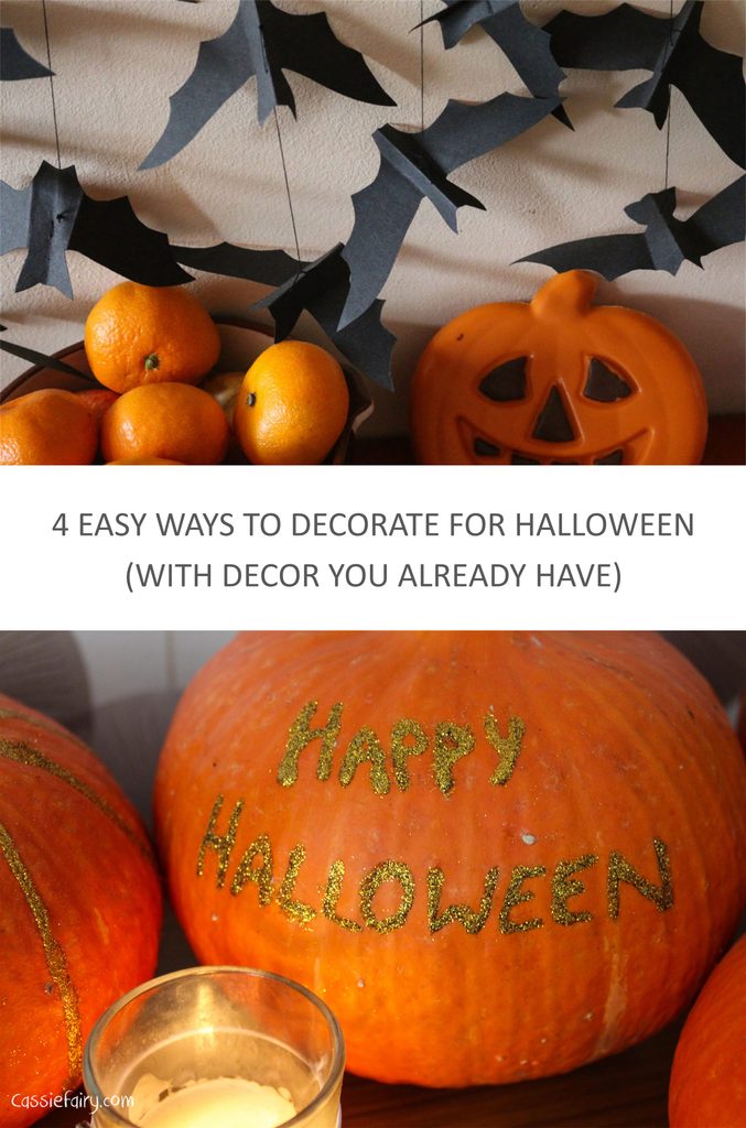 Pinnable image with the text "4 Easy ways to decorate for a Halloween party (with decor you already have)".