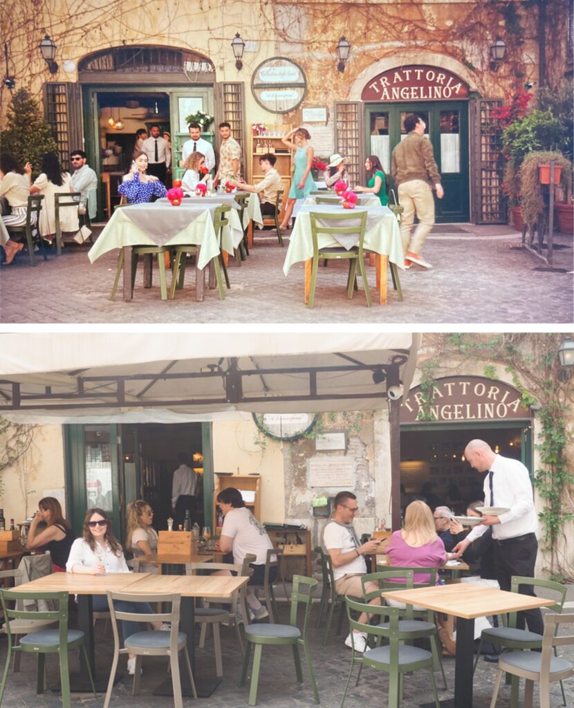 A woman sitting at a table outside a Trattoria in Rome where Emily in Paris was filmed.