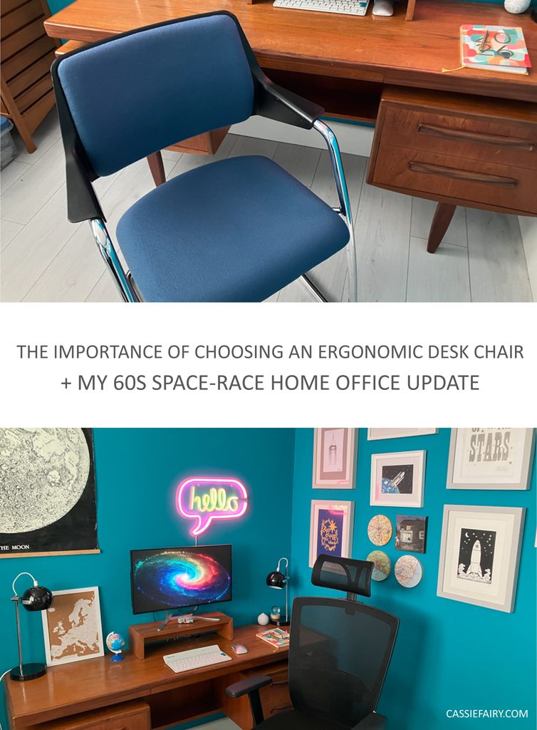 Pinnable image with the text "The importance of choosing an ergonomic desk chair + my 60s space-race home office update"